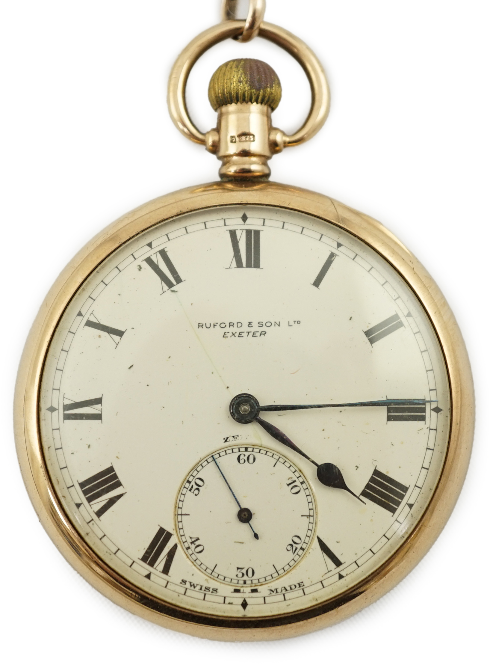 A George V 9ct gold Zenith open face keyless pocket watch